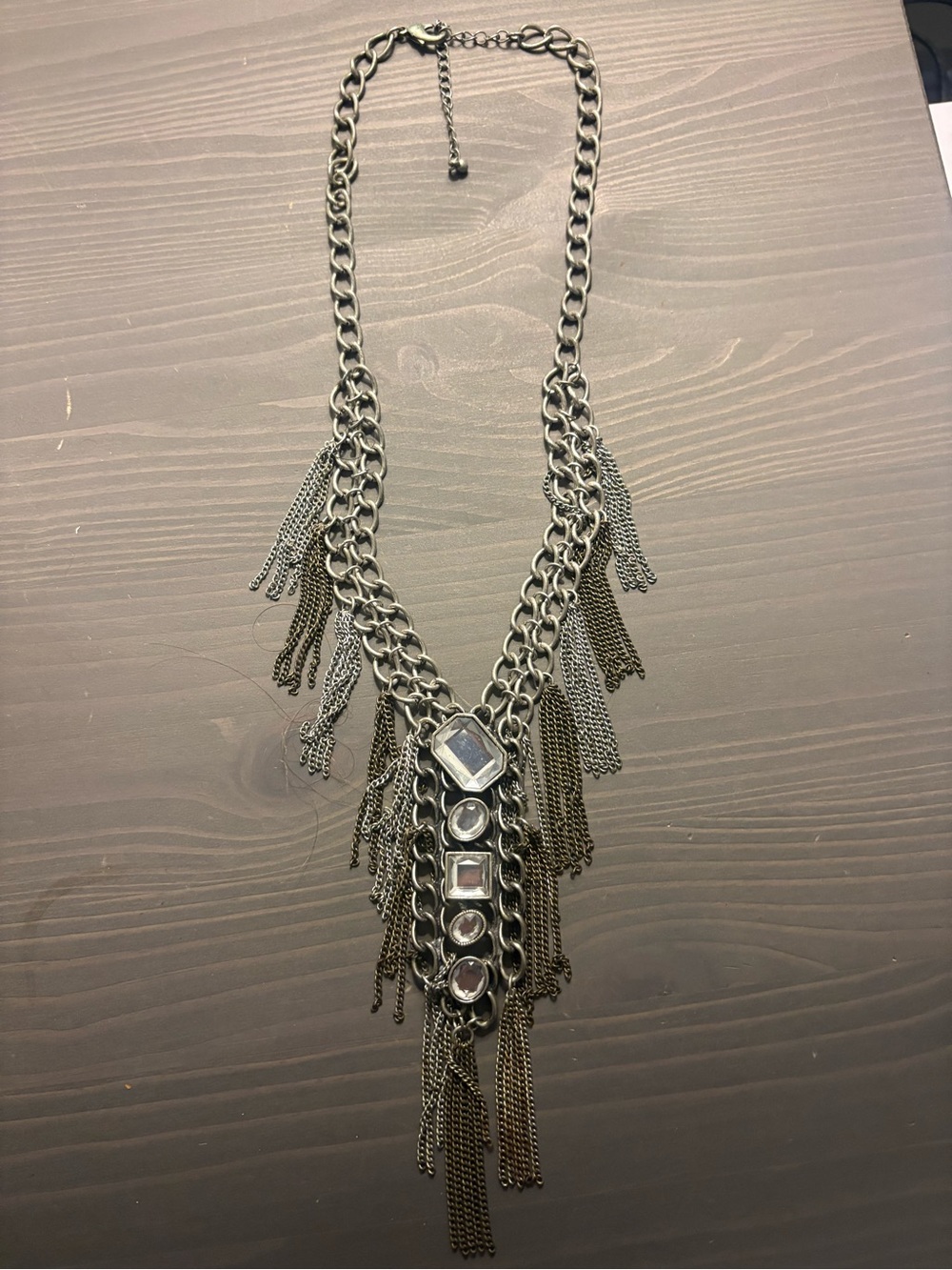 Vintage Silver-Tone Fringe Necklace with Clear Stones
